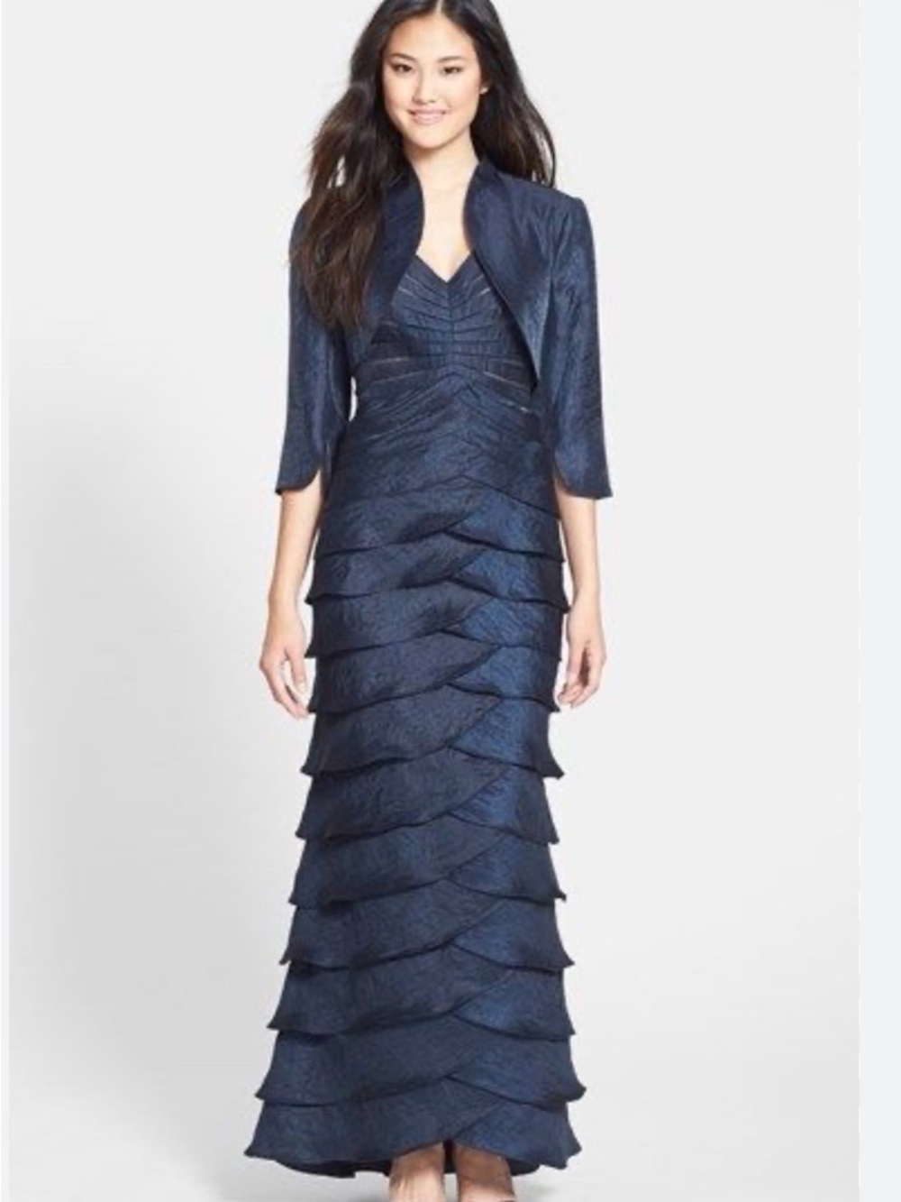 Adrianna Papell Navy Tiered V-Neck Evening Dress with Bolero Jacket Size 10